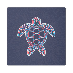 Red And Blue Anaglyph 3D Glitch Effect Sea Turtle Metal Print