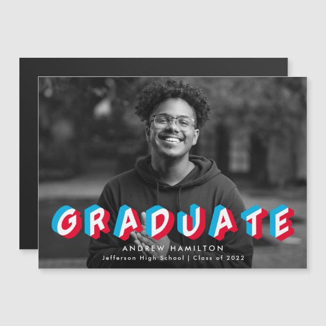 Red and Blue | Anaglyph Photo Graduation Magnetic Invitation (Front/Back)