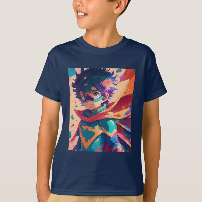 Red and Blue Anime Superhero Boy  T-Shirt (Front)