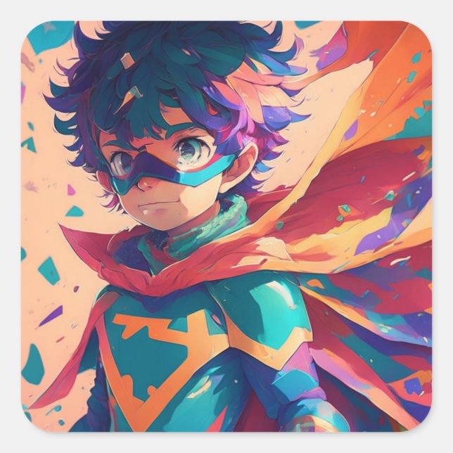 Red and Blue Anime Superhero Boy with Cape Square Sticker (Front)