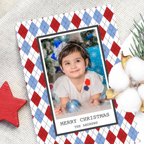 Red and Blue Argyle Plaid Christmas Photo Holiday Card