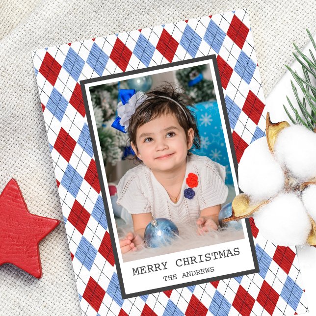 Red and Blue Argyle Plaid Christmas Photo Holiday Card (Creator Uploaded)