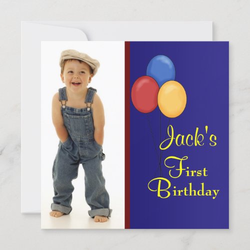 Red Blue Balloons  Boys Photo 1st Birthday Party Personalized Announcement