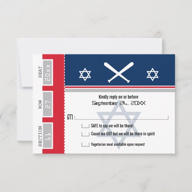 Red and Blue Bar Mitzvah Baseball Ticket RSVP (Front)