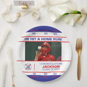 Red and Blue Baseball Admission Ticket Graduate Paper Plates