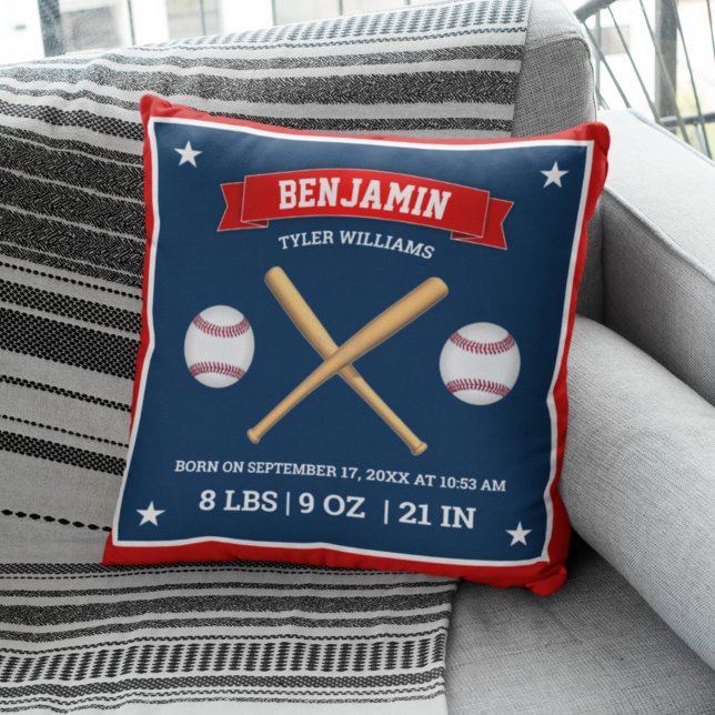 Red and Blue Baseball Bats and Balls Birth Stats Throw Pillow (Creator Uploaded)