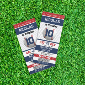 Red and Blue Baseball Ticket Birthday Invitation