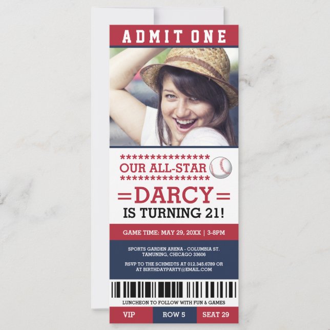 Red and Blue Baseball Ticket Birthday Invites (Front)