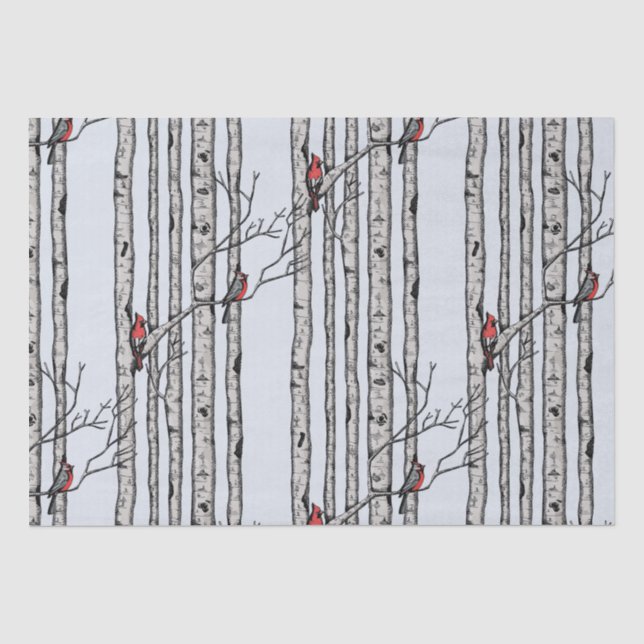 Red and Blue Birch Trees and Red Cardinal Birds Tissue Paper (Front)