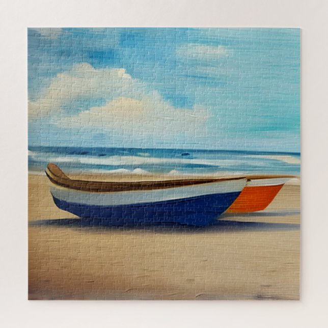 Red and Blue Boat on a Sandy Beach Jigsaw Puzzle (Vertical)