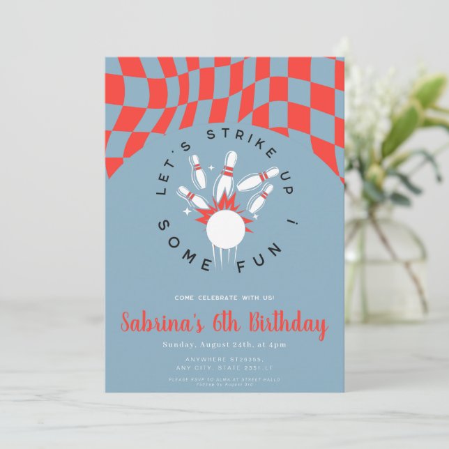 red and blue bowling boy birthday invitation (Standing Front)