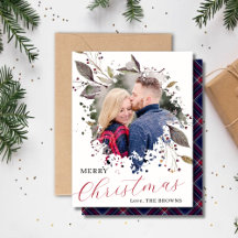 Red and Blue Buffalo Plaid Photo Flat Holiday Card