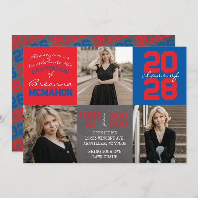 Red and Blue Chalkboard 3 Photo Graduation Invitation (Unique Blue and Red 3 Photo Chalkboard Graduation Invitations. Available printed or digital download)