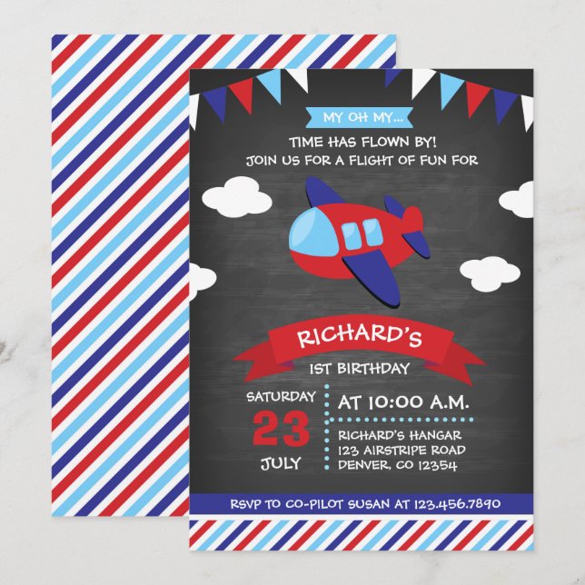 Red and Blue Chalkboard Airplane Birthday Party Invitation (Front/Back)
