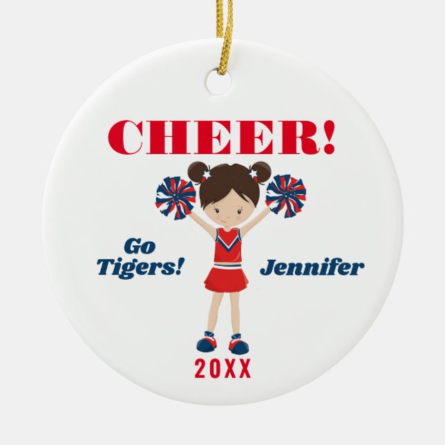 Red and Blue Cheer Brunette Cheerleader Ornament (Front)