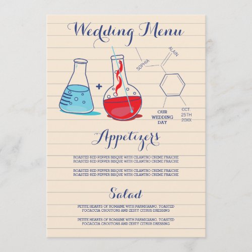 Red and Blue Chemistry Wedding Menu