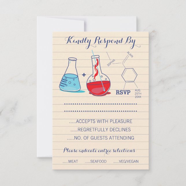 Red and Blue Chemistry Wedding Response Cards (Front)