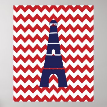 Red And Blue Chevron Nautical Lighthouse Poster by cranberrydesign at Zazzle