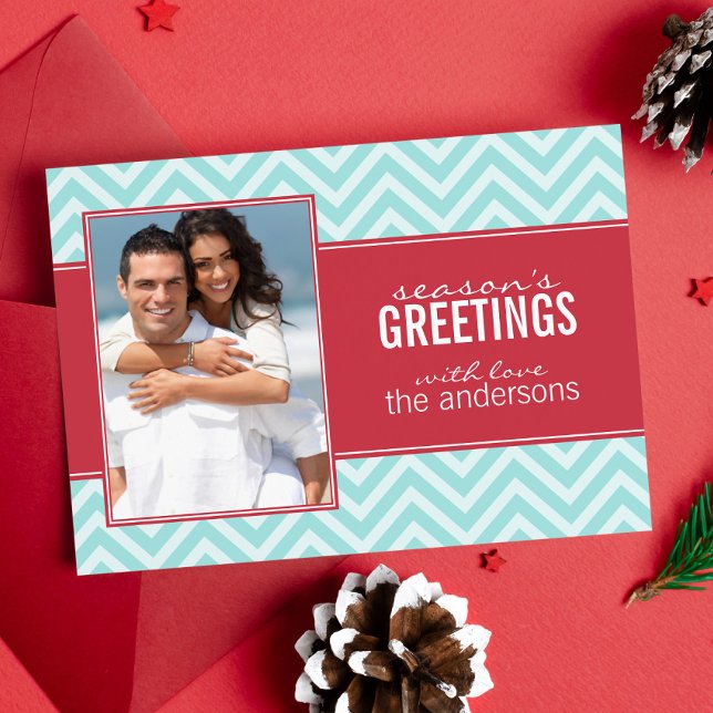 Red and Blue Chevrons Christmas Photo Holiday Card (Creator Uploaded)