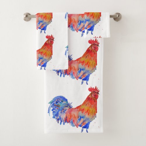 Red and Blue Chicken Watercolor Art Bird Boys Bath Bath Towel Set