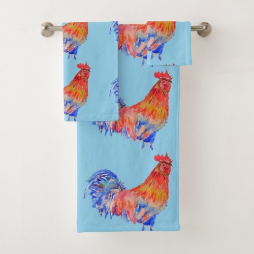 Red and Blue Chicken Watercolor Art Bird Boys Bath Towel Set