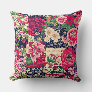 Red and Blue Chinese Patchwork Floral Throw Pillow