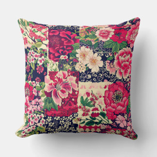 Red and Blue Chinese Patchwork Floral Throw Pillow
