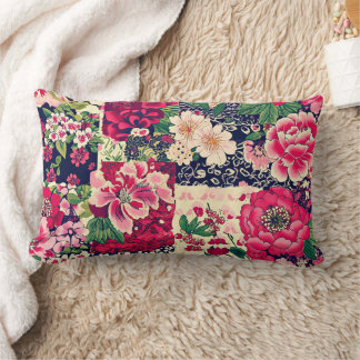 Red and Blue Chinoiserie Patchwork Lumbar Pillow