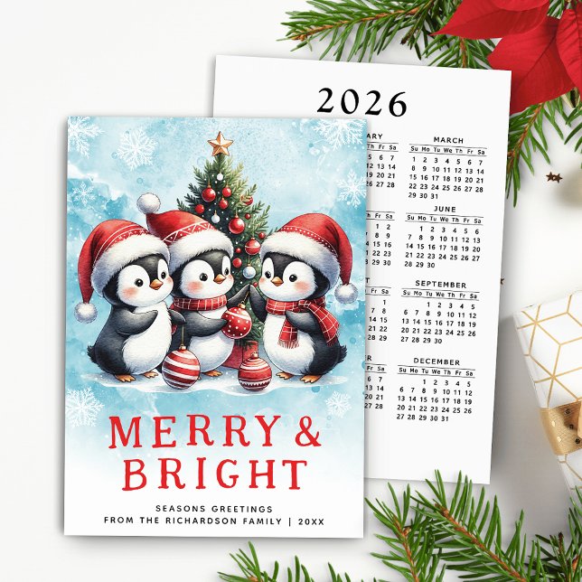 Red and Blue Christmas Penguins Merry and Bright Holiday Card (Cute Christmas Cards with 2026 Calendar)
