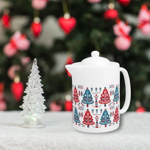 Red and Blue Christmas Tree Floral Nordic Pattern Teapot