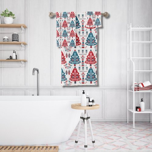 Red and Blue Christmas Tree Scandinavian Folk Art Bath Towel Set