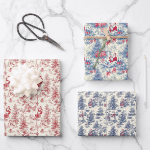 Red and Blue Christmas Vintage Chinoiserie Wrapping Paper Sheets