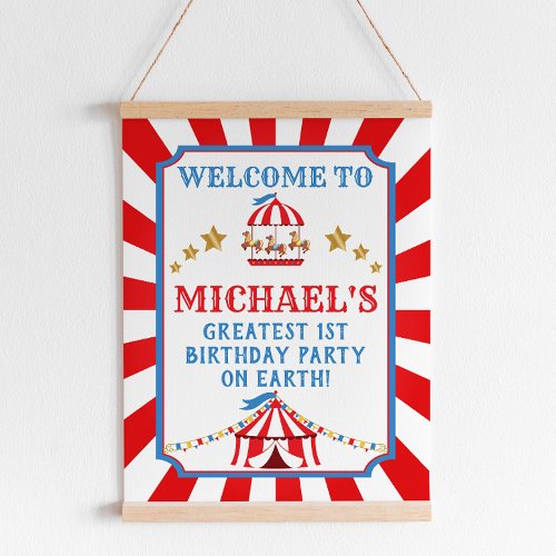 Red and Blue Circus Carnival Birthday Welcome Sign