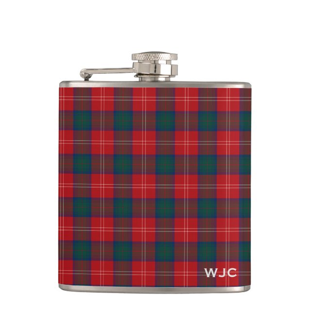 Red and Blue Clan Chisholm Tartan Monogram Flask (Front)