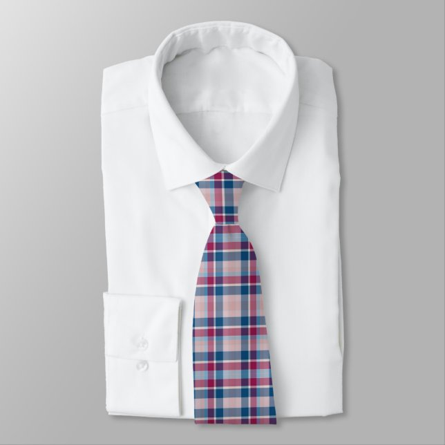 Red and Blue Classic Plaid Pattern Neck Tie (Tied)