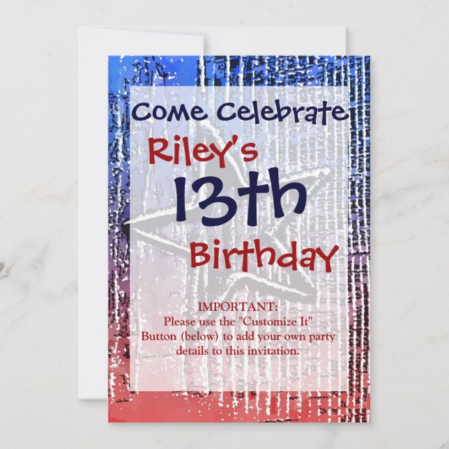 Red and Blue Cool Rustic Star Pop Art Print Invitation (Front)