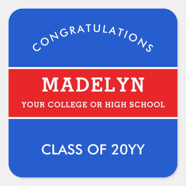 Red and Blue Custom Graduation Square Sticker (Front)