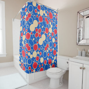 Red And Blue Dots On Blue Shower Curtain