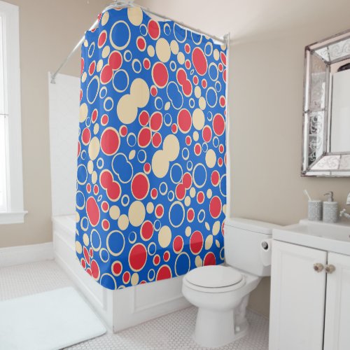 Red And Blue Dots On Blue  Shower Curtain
