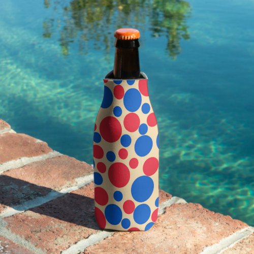 Red And Blue Dots On Tan  Bottle Cooler
