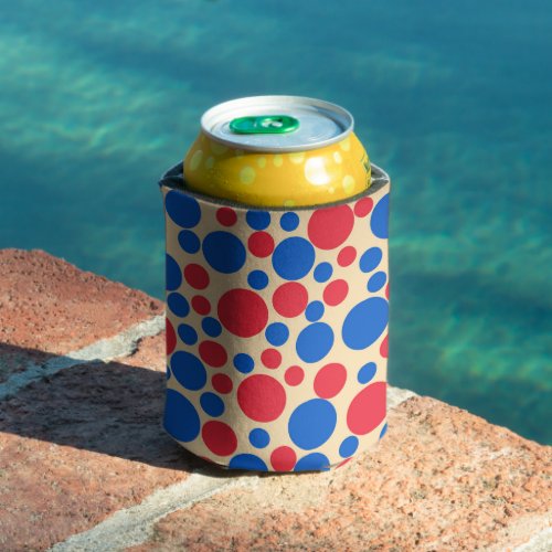 Red And Blue Dots On Tan  Can Cooler