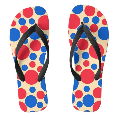 Red And Blue Dots On Tan  Flip Flops