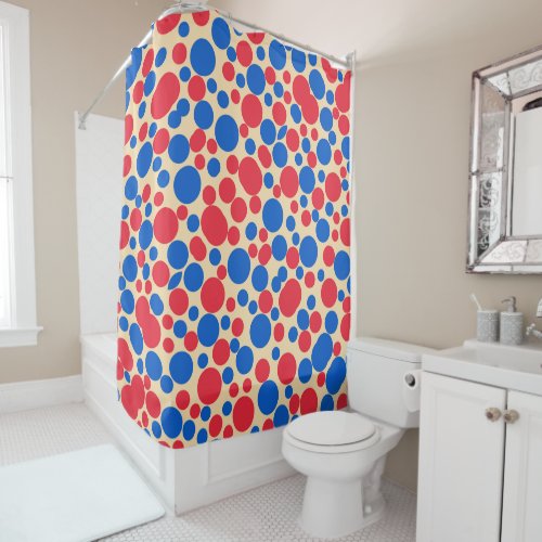 Red And Blue Dots On Tan  Shower Curtain