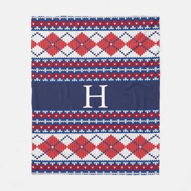 Red and Blue Fair Isle Nordic Argyle Monogram Fleece Blanket (Front)