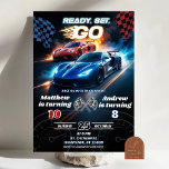 Red and Blue Fast Race Car Joint Birthday Invitation<br><div class="desc">Red and Blue Race Car Joint Birthday Invitation,  Fast Racing Car Kids Double Birthday,  Start Your Engine Cars Sibling Birthday Party</div>