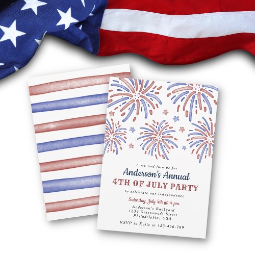 Red and Blue Fireworks 4th of July Party Invitation