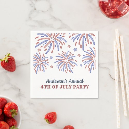 Red and Blue Fireworks 4th of July Party Napkins