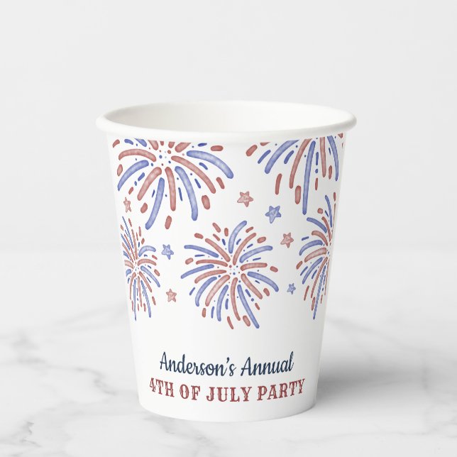 Red and Blue Fireworks 4th of July Party Paper Cups (Front)