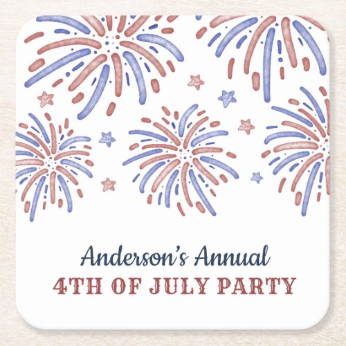 Red and Blue Fireworks 4th of July Party Square Paper Coaster