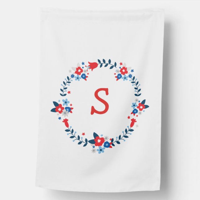 Red and Blue Floral Monogram House Flag (Front)